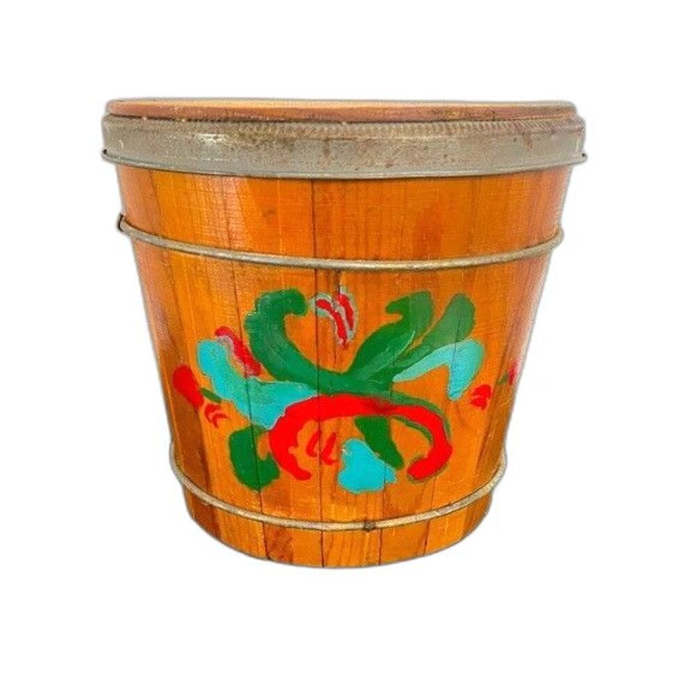 Vintage Hand Carved Wooden Primitive Bucket Two Sided Hand Painted Decor